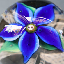 Load image into Gallery viewer, SCOTTISH GLASS. Large Vintage 1960s Strathearn Paperweight with Blue Lampwork Flower and Latticino. MAGNUM SIZE
