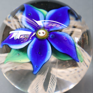 SCOTTISH GLASS. Large Vintage 1960s Strathearn Paperweight with Blue Lampwork Flower and Latticino. MAGNUM SIZE