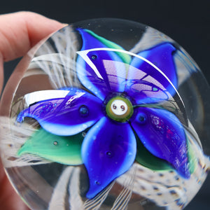 SCOTTISH GLASS. Large Vintage 1960s Strathearn Paperweight with Blue Lampwork Flower and Latticino. MAGNUM SIZE