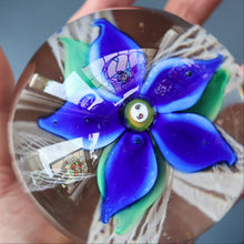 Load image into Gallery viewer, SCOTTISH GLASS. Large Vintage 1960s Strathearn Paperweight with Blue Lampwork Flower and Latticino. MAGNUM SIZE
