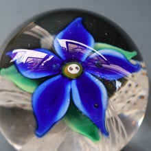 Load image into Gallery viewer, SCOTTISH GLASS. Large Vintage 1960s Strathearn Paperweight with Blue Lampwork Flower and Latticino. MAGNUM SIZE
