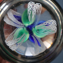 Load image into Gallery viewer, SCOTTISH GLASS. Large Vintage 1960s Strathearn Paperweight with Blue Lampwork Flower and Latticino. MAGNUM SIZE
