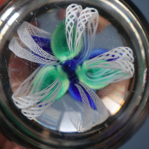 SCOTTISH GLASS. Large Vintage 1960s Strathearn Paperweight with Blue Lampwork Flower and Latticino. MAGNUM SIZE