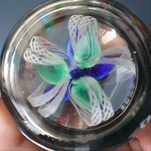 Load image into Gallery viewer, SCOTTISH GLASS. Large Vintage 1960s Strathearn Paperweight with Blue Lampwork Flower and Latticino. MAGNUM SIZE
