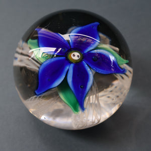SCOTTISH GLASS. Large Vintage 1960s Strathearn Paperweight with Blue Lampwork Flower and Latticino. MAGNUM SIZE