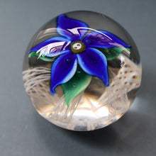 Load image into Gallery viewer, SCOTTISH GLASS. Large Vintage 1960s Strathearn Paperweight with Blue Lampwork Flower and Latticino. MAGNUM SIZE
