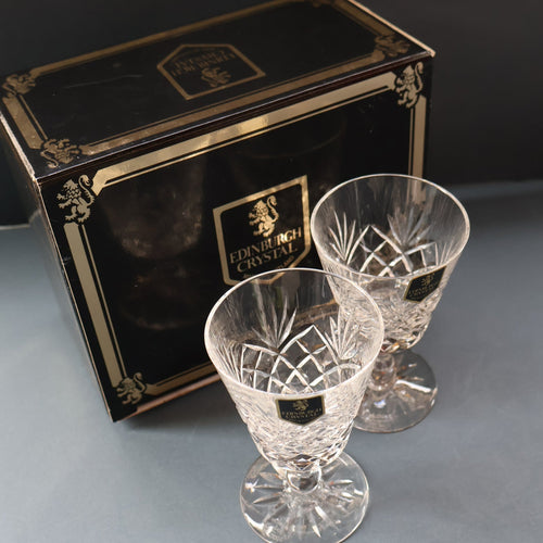Pair of EDINBURGH CRYSTAL Small OBAN White Wine Glasses. SIGNED Height 4 5/8 inches