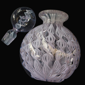 Large Vintage Clear Glass Perfume Bottle with Embedded Lilac Latticino Twists. Unsigned
