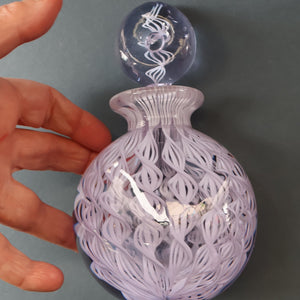 Large Vintage Clear Glass Perfume Bottle with Embedded Lilac Latticino Twists. Unsigned