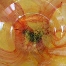 Load image into Gallery viewer, Rare MDINA (Malta)  Shallow Orange Glass Footed Bowl with Yellow and Red Swirls. Etched Signature on the Base
