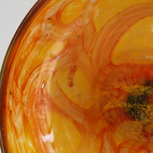 Rare MDINA (Malta)  Shallow Orange Glass Footed Bowl with Yellow and Red Swirls. Etched Signature on the Base