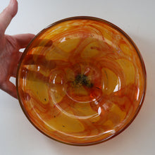 Load image into Gallery viewer, Rare MDINA (Malta)  Shallow Orange Glass Footed Bowl with Yellow and Red Swirls. Etched Signature on the Base
