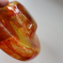 Load image into Gallery viewer, Rare MDINA (Malta)  Shallow Orange Glass Footed Bowl with Yellow and Red Swirls. Etched Signature on the Base
