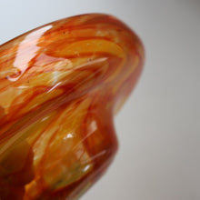 Load image into Gallery viewer, Rare MDINA (Malta)  Shallow Orange Glass Footed Bowl with Yellow and Red Swirls. Etched Signature on the Base

