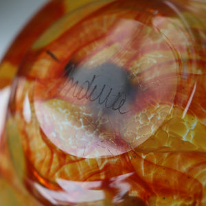 Rare MDINA (Malta)  Shallow Orange Glass Footed Bowl with Yellow and Red Swirls. Etched Signature on the Base