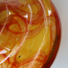 Load image into Gallery viewer, Rare MDINA (Malta)  Shallow Orange Glass Footed Bowl with Yellow and Red Swirls. Etched Signature on the Base
