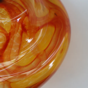 Rare MDINA (Malta)  Shallow Orange Glass Footed Bowl with Yellow and Red Swirls. Etched Signature on the Base