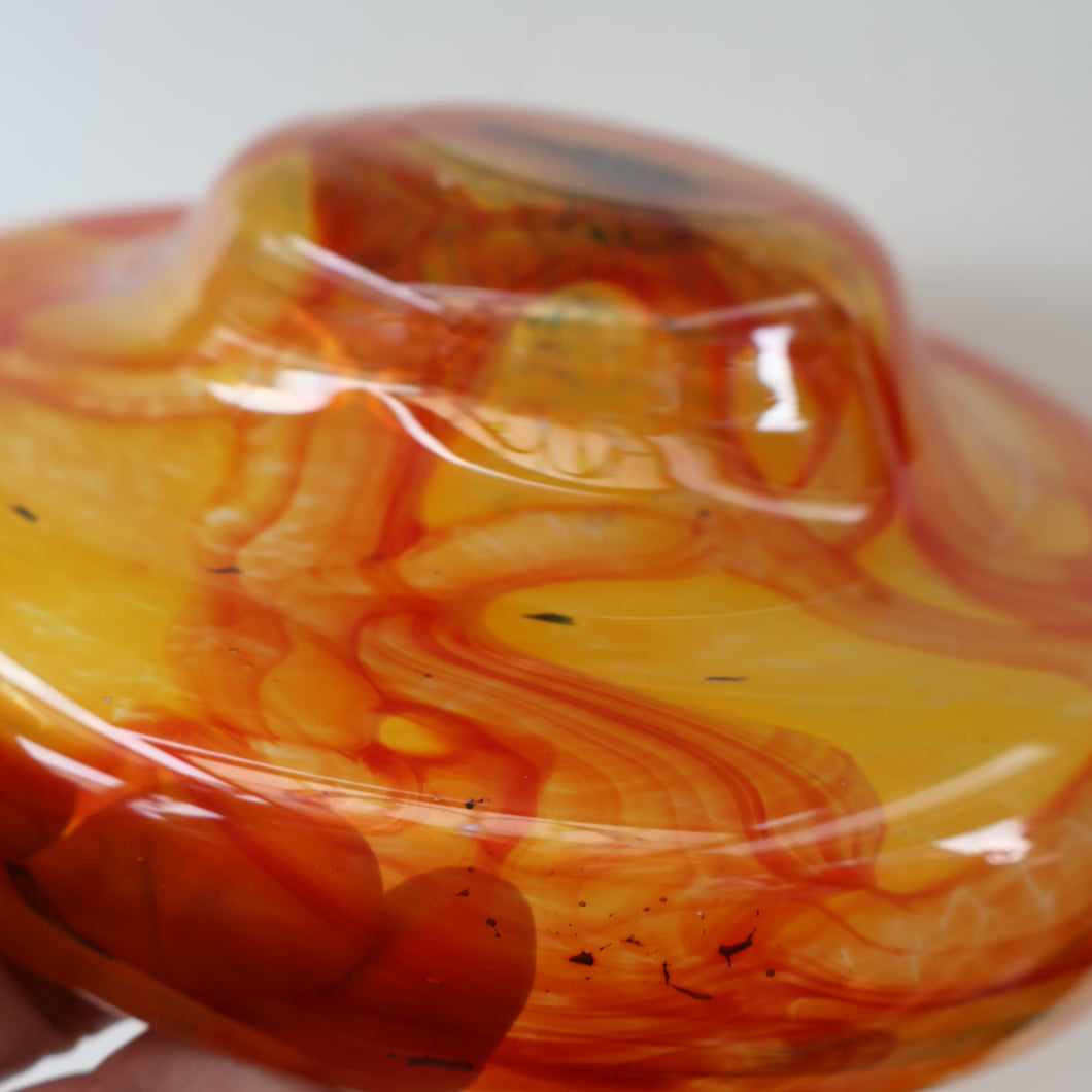 Rare MDINA (Malta)  Shallow Orange Glass Footed Bowl with Yellow and Red Swirls. Etched Signature on the Base