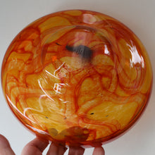 Load image into Gallery viewer, Rare MDINA (Malta)  Shallow Orange Glass Footed Bowl with Yellow and Red Swirls. Etched Signature on the Base
