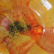 Load image into Gallery viewer, Rare MDINA (Malta)  Shallow Orange Glass Footed Bowl with Yellow and Red Swirls. Etched Signature on the Base
