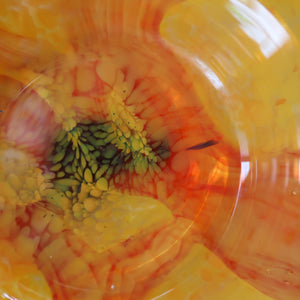 Rare MDINA (Malta)  Shallow Orange Glass Footed Bowl with Yellow and Red Swirls. Etched Signature on the Base