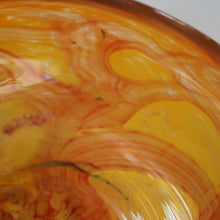 Load image into Gallery viewer, Rare MDINA (Malta)  Shallow Orange Glass Footed Bowl with Yellow and Red Swirls. Etched Signature on the Base
