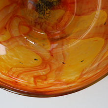 Load image into Gallery viewer, Rare MDINA (Malta)  Shallow Orange Glass Footed Bowl with Yellow and Red Swirls. Etched Signature on the Base
