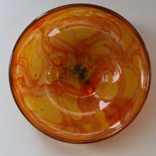 Load image into Gallery viewer, Rare MDINA (Malta)  Shallow Orange Glass Footed Bowl with Yellow and Red Swirls. Etched Signature on the Base
