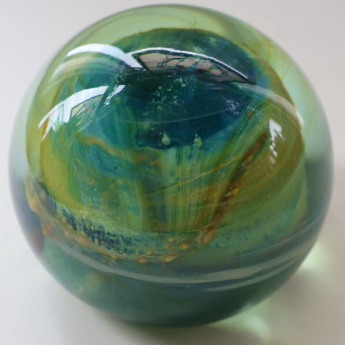 1970s Mdina Glass Paperweight. Vintage Sea and Sand / Blue Summer Colours