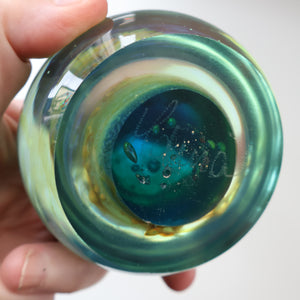1970s Mdina Glass Paperweight. Vintage Sea and Sand / Blue Summer Colours