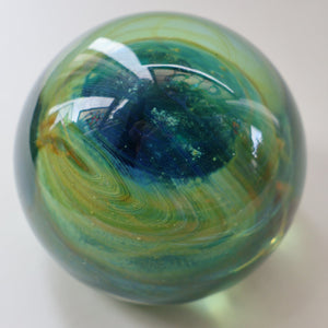 1970s Mdina Glass Paperweight. Vintage Sea and Sand / Blue Summer Colours
