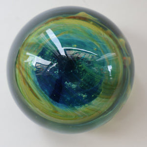 1970s Mdina Glass Paperweight. Vintage Sea and Sand / Blue Summer Colours