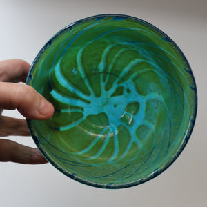 Early MDINA (Malta) Glass Ming Bowl with Green and Blue Stripes. Etched Signature on the Base