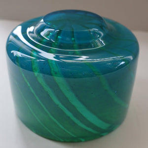 Early MDINA (Malta) Glass Ming Bowl with Green and Blue Stripes. Etched Signature on the Base