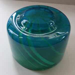 Early MDINA (Malta) Glass Ming Bowl with Green and Blue Stripes. Etched Signature on the Base