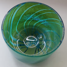 Load image into Gallery viewer, Early MDINA (Malta) Glass Ming Bowl with Green and Blue Stripes. Etched Signature on the Base
