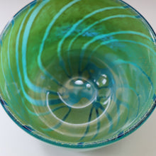 Load image into Gallery viewer, Early MDINA (Malta) Glass Ming Bowl with Green and Blue Stripes. Etched Signature on the Base
