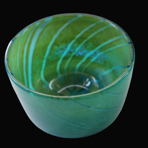 Early MDINA (Malta) Glass Ming Bowl with Green and Blue Stripes. Etched Signature on the Base