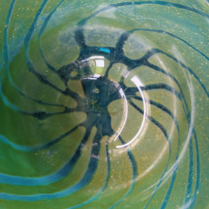 Early MDINA (Malta) Glass Ming Bowl with Green and Blue Stripes. Etched Signature on the Base