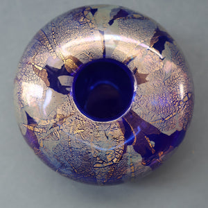 Azurene Vintage 1980s ISLE OF WIGHT Glass Royal Blue and Gold Squat Vase (with label)