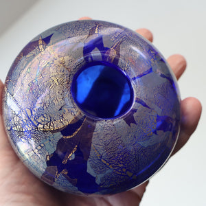 Azurene Vintage 1980s ISLE OF WIGHT Glass Royal Blue and Gold Squat Vase (with label)