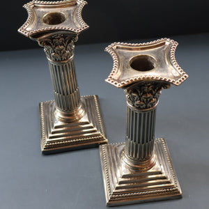 EDWARDIAN: Fine Pair of William Hutton & Sons (Sheffield) Silver Plated Dwarf Corinthian Column Candlesticks