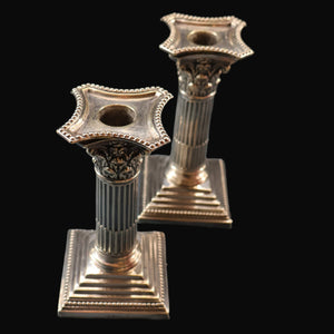 EDWARDIAN: Fine Pair of William Hutton & Sons (Sheffield) Silver Plated Dwarf Corinthian Column Candlesticks