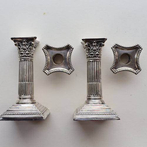 EDWARDIAN: Fine Pair of William Hutton & Sons (Sheffield) Silver Plated Dwarf Corinthian Column Candlesticks