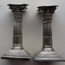 Load image into Gallery viewer, EDWARDIAN: Fine Pair of William Hutton &amp; Sons (Sheffield) Silver Plated Dwarf Corinthian Column Candlesticks
