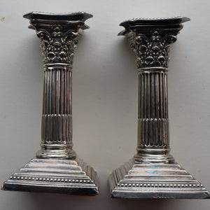 EDWARDIAN: Fine Pair of William Hutton & Sons (Sheffield) Silver Plated Dwarf Corinthian Column Candlesticks