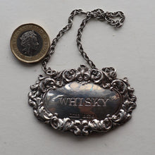 Load image into Gallery viewer, Vintage Hallmarked Silver WHISKY Decanter Label on Chain. Birmingham 1975
