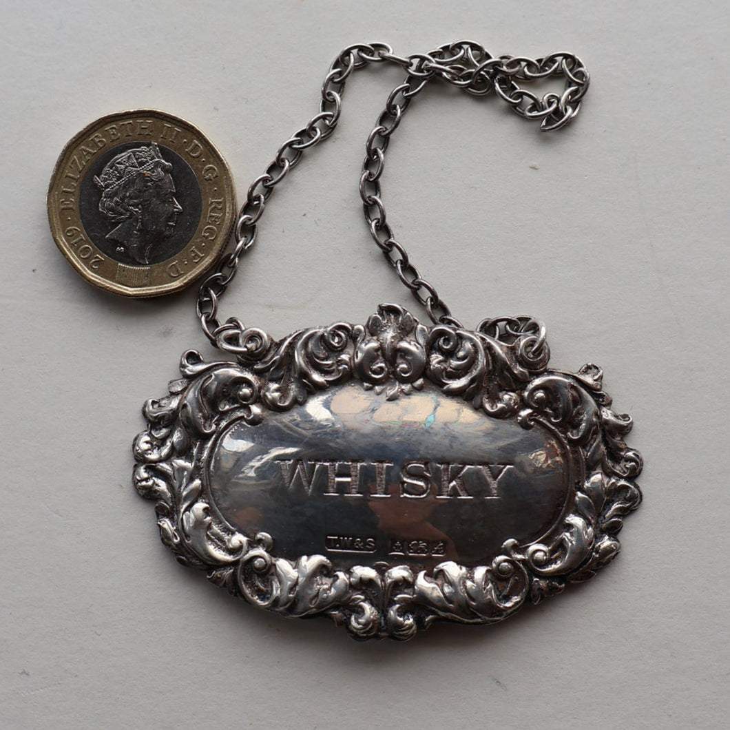 Vintage Hallmarked Silver WHISKY Decanter Label on Chain. Birmingham 1975