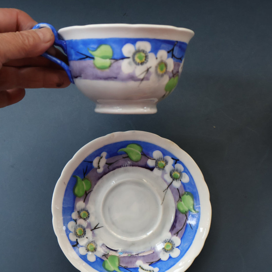 SCOTTISH POTTERY. Vintage 1920s Hand Painted MAK MERRY CUP AND SAUCER (a/f)