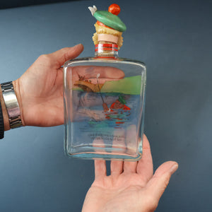 1930s NOVELTY Golfing Glass Decanter. Decorated with Hand-Painted Comical Golfing Illustration - and with Fabulous Scotsman's Head Stopper